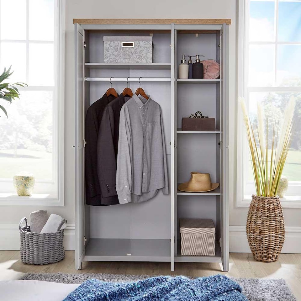 image 1 of Wardrobe 2 or 3 Door Two Tone Oak Top Wooden Hanging Rail Storage Shelves | Grey