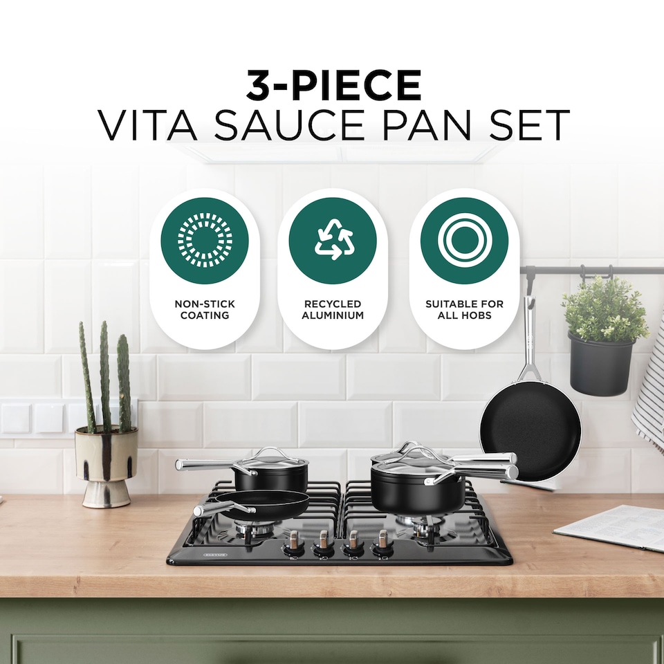 image 1 of DMD 3-Piece Sauce Pan Set with Lids (16/18/20cm Saucepans) Non-Stick, Stainless Steel Handles | Black | 3-Piece