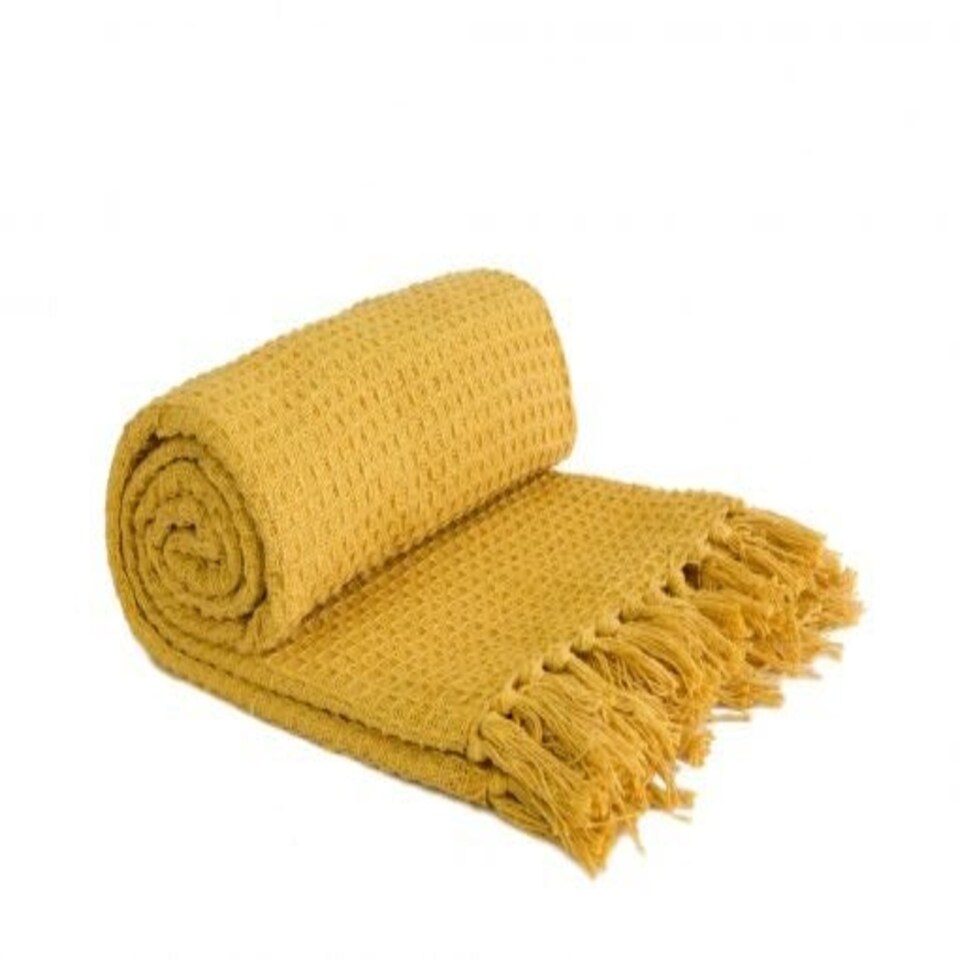 image 1 of Waffle Collection Recycled Cotton Throw in Ochre (90" x 100")