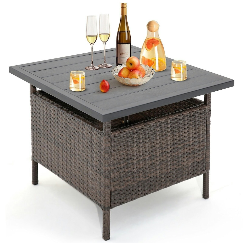image 1 of COSTWAY Rattan Umbrella Side Table Outdoor Garden Table Brown