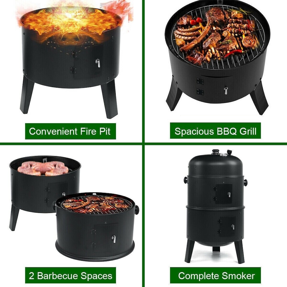 image 1 of 3 in 1 Charcoal Smoker BBQ Grill with Thermometer Outdoor Barbecue Cooker Garden Patio Smoker Camping Charcoal Grill Portable BBQ