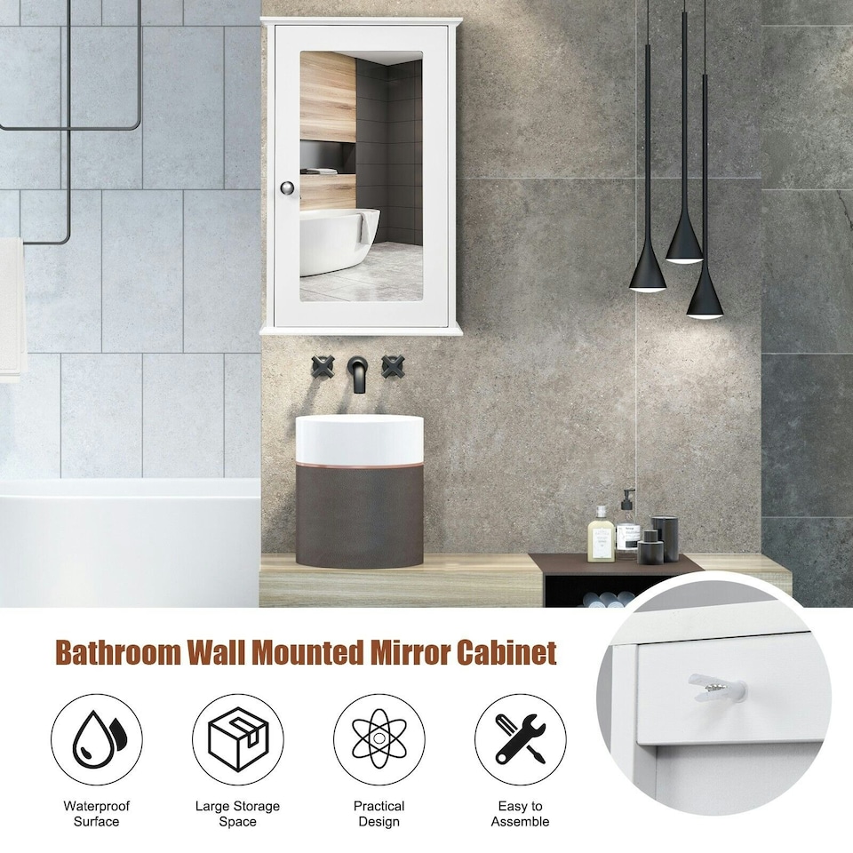 image 1 of COSTWAY Bathroom Mirror Cabinet Wall Mounted Storage White White