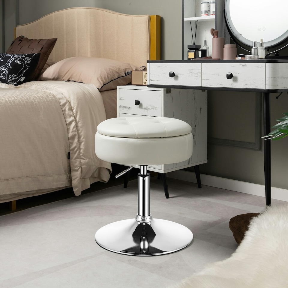 image 1 of Costway 360° Swivel Bar Stool w/ Lid Tufted Vanity Stool White