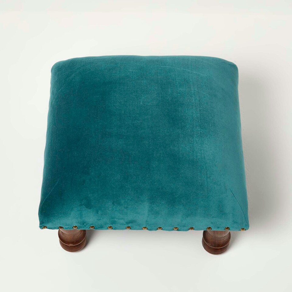 image 1 of Homescapes Mable Teal Green Velvet Square Footstool