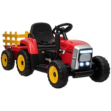 HOMCOM Kids Electric Car, 12V Electric Ride on Tractor and Trailer with Detachable Trailer Remote Control, USB, Horn, Lights, Start-Up Sound, for Ages 3-6 Years, Red