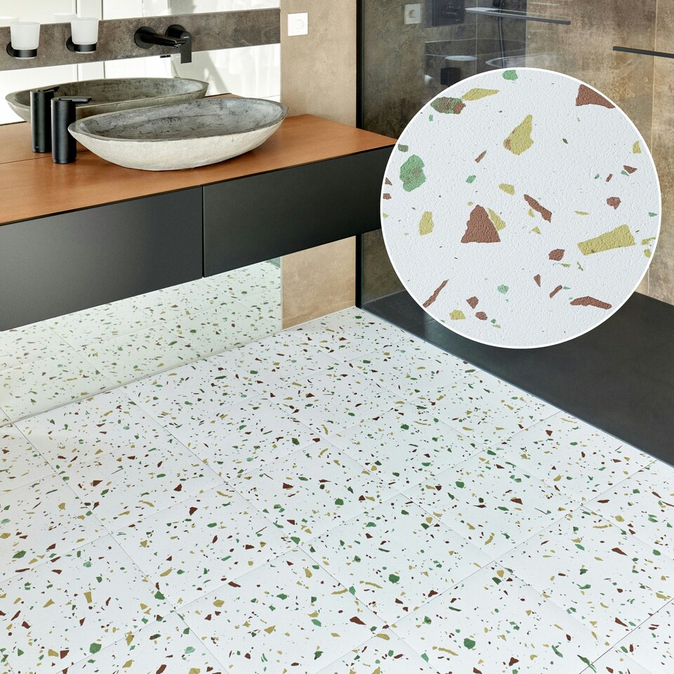 image 1 of NOVECRAFTO Vinyl Floor Tiles Self Adhesive – 12x12in Peel and Stick Flooring for Kitchen, Bathroom & Living Room – White Terrazzo Look with Flecks White | 4.65 sqm