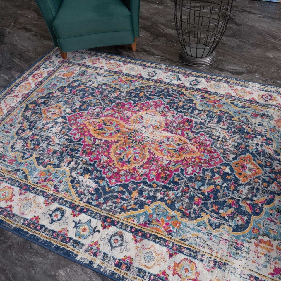 image 1 of The Rugs Marrakech Collection Pink and Navy Distressed Medallion Living Room Floor Rug and Runner | 440