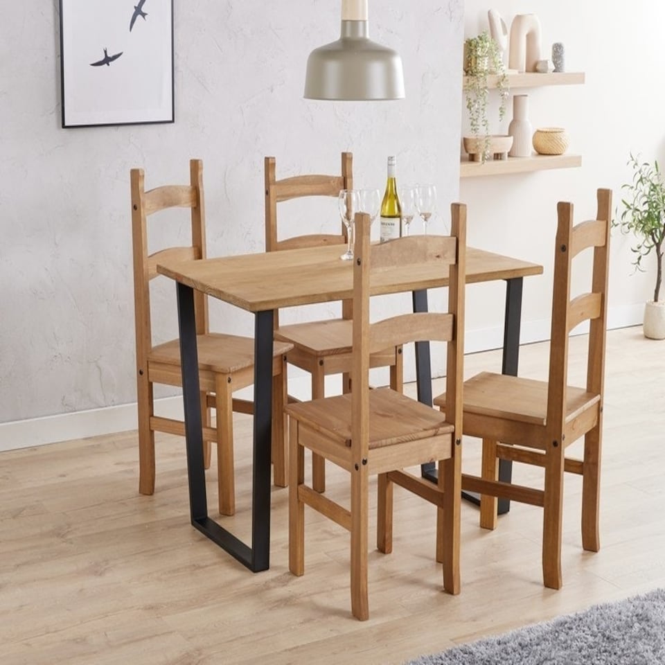 image 1 of Texas Rectangular Dining Table with Metal Legs and 4 Corona Dining Chairs - Antique Waxed Pine/Black Brown