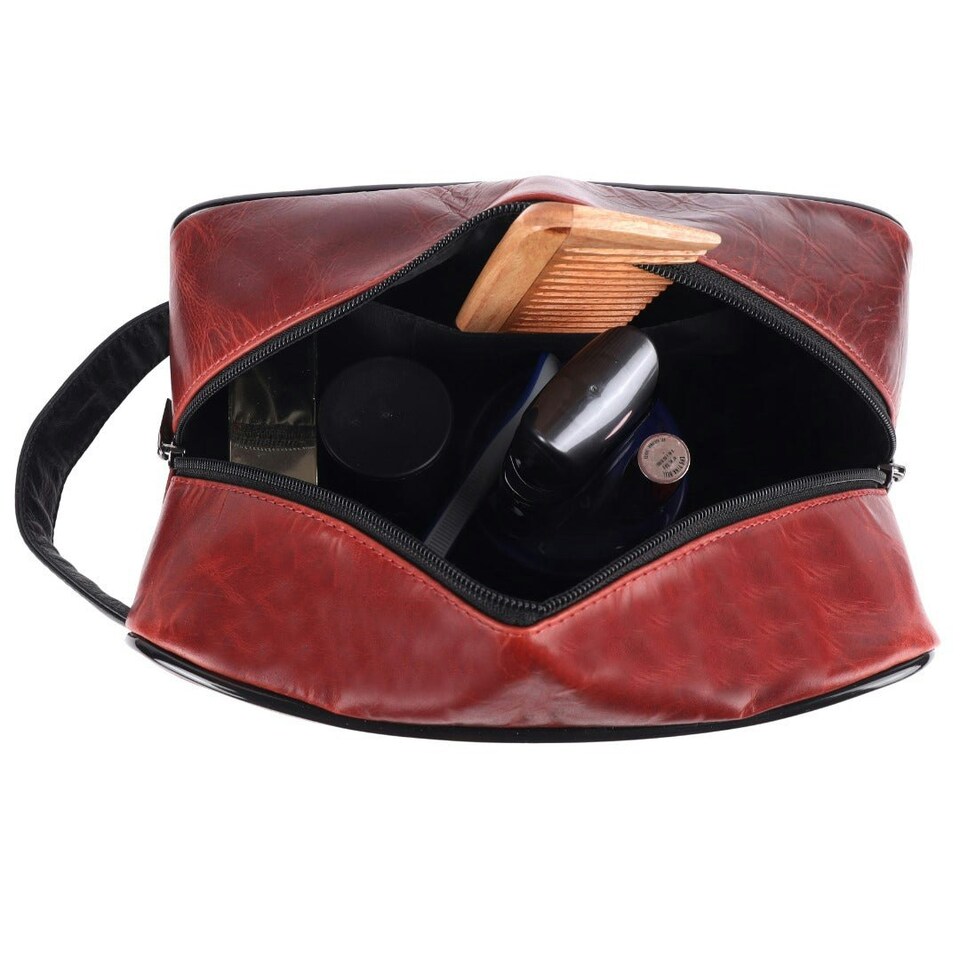 image 1 of SPORTGIFTZ Buffalo Leather Rugby Wash Bag Durable Toiletry Bag for Rugby Players and Fans Moisture-Resistant Lining, Secure Zip and Carry Handle 25cm x 14cm Brown