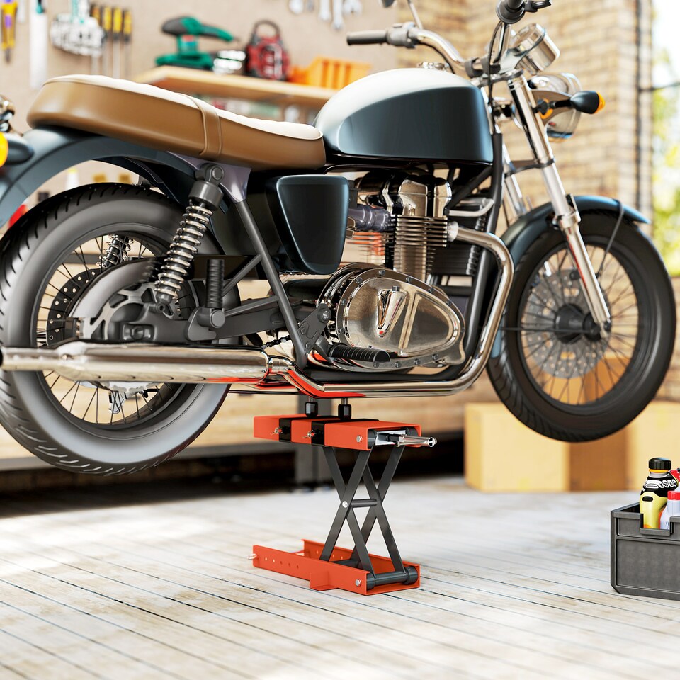 image 1 of HOMCOM 500 kg Motorcycle Scissor Lift Jack, Heavy Duty Steel Adjustable Motorbike Lifting Hoist Stand with Safety Pin, Foldable Lifter for Dirt Bike Repair Maintenance, 45x15 cm Large Platform, Orange