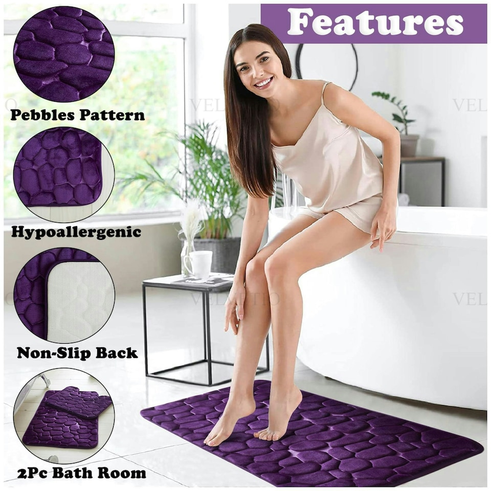 image 1 of VELVETIO 2Pc Pebble Bath Mat Set Memory Foam Bathroom Toilet Rugs Purple