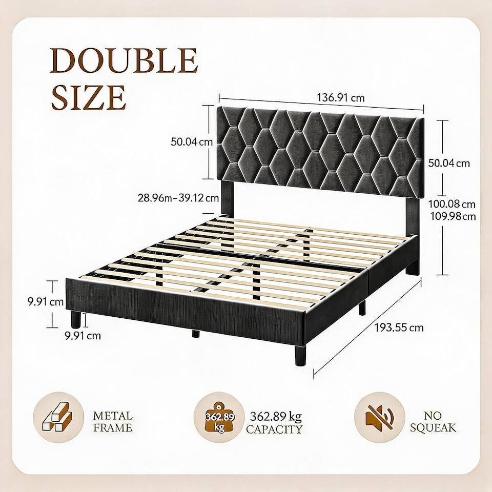 image 1 of London Boutique Upholstered Bed Frame with Adjustable Diamond Tufted Headboard, Wooden Slats Support, Grey/Double, 135 x 190 cm