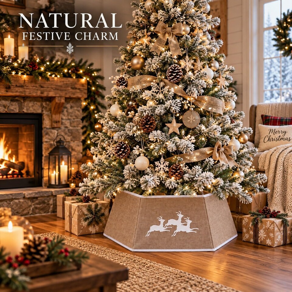 image 1 of 26.8 Inch Hexagonal Fabric Christmas Tree Collar in Beige for a Neat Festive Finish