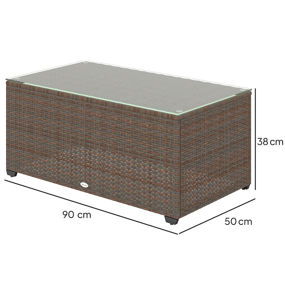 image 1 of Outsunny Outdoor Coffee Table, Glass Top Rattan Side Table, Brown