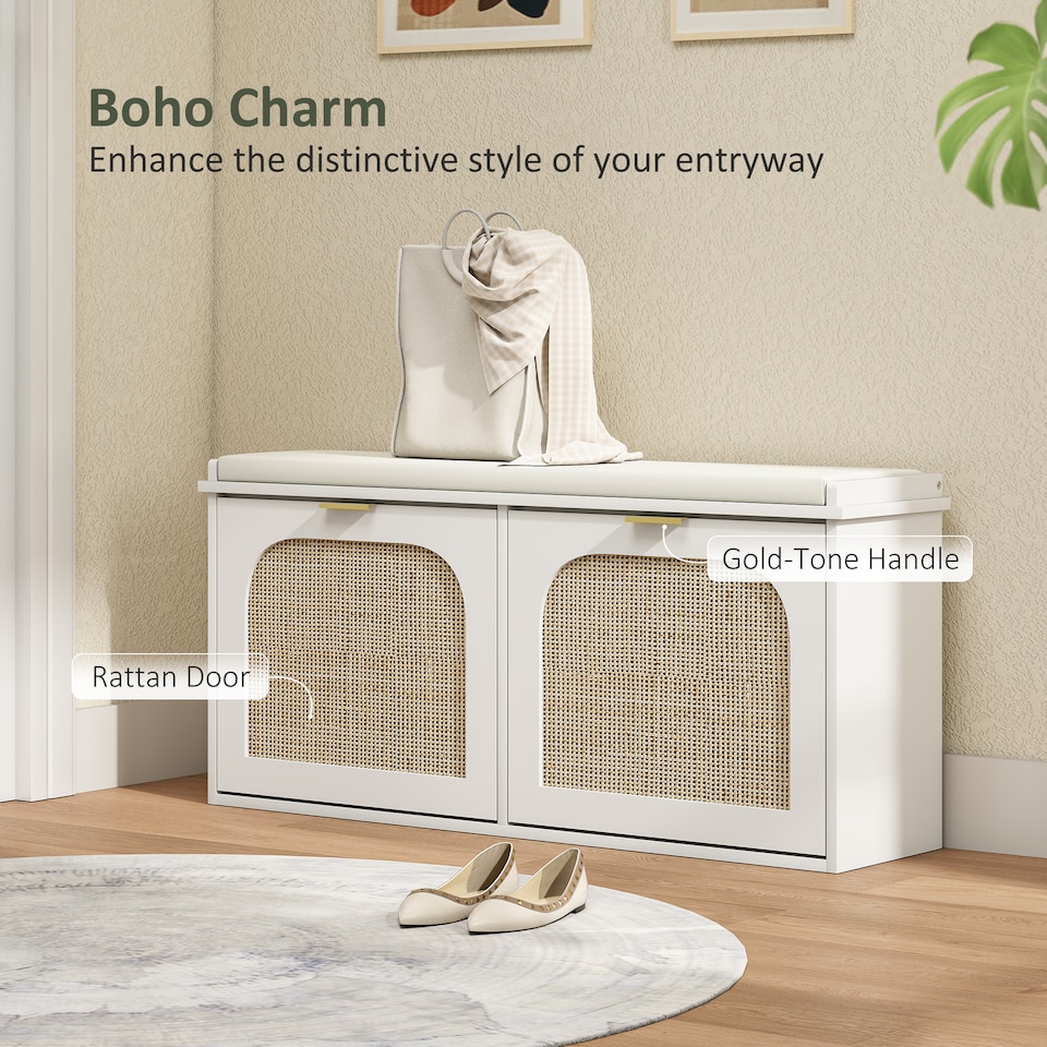image 1 of HOMCOM Boho Shoe Bench with Padded Seat and 2 Flip-Drawers, White | White | White