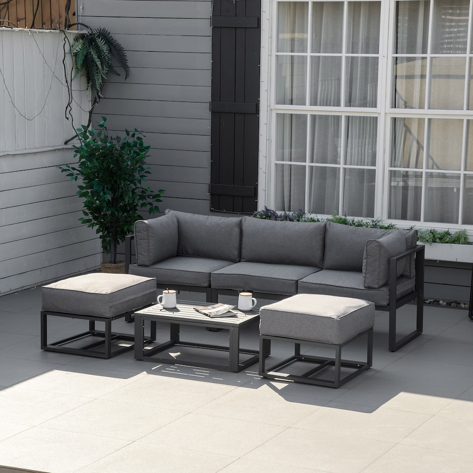 image 1 of Outsunny 6 PC Garden Daybed Aluminum Sectional Sofa Set Coffee Table Footstool | Grey