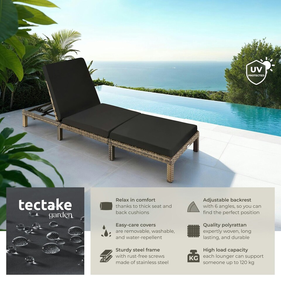 image 1 of Sun Lounger Sofia - 6-step adjustable backrest, thick padding, UV-resistant Brown | Nature