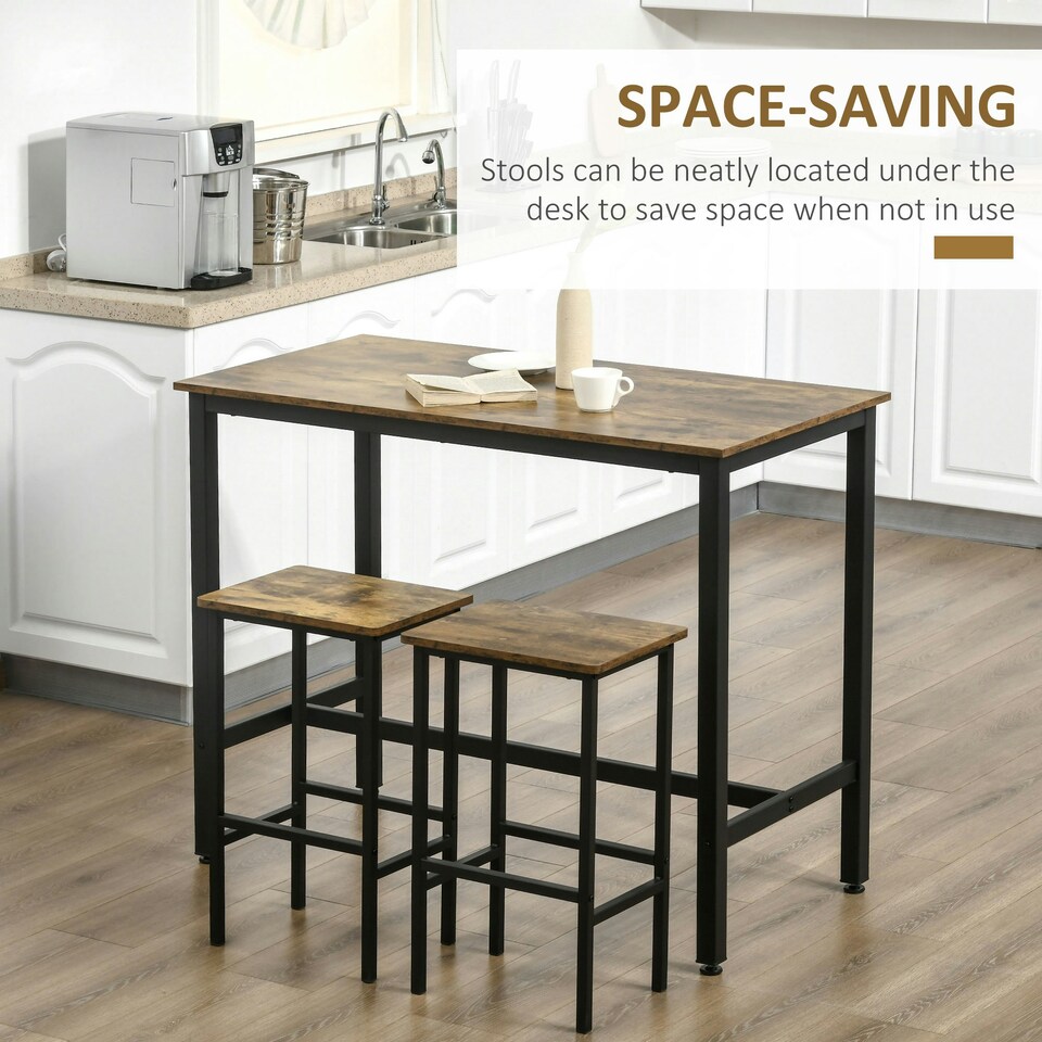 image 1 of HOMCOM 3-Piece Industrial Bar Table Set, Table and 2 Chairs Rustic Brown