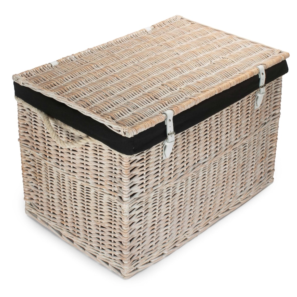image 1 of Large White Wash Storage Hamper With Black Lining Wicker Basket | Black | Black
