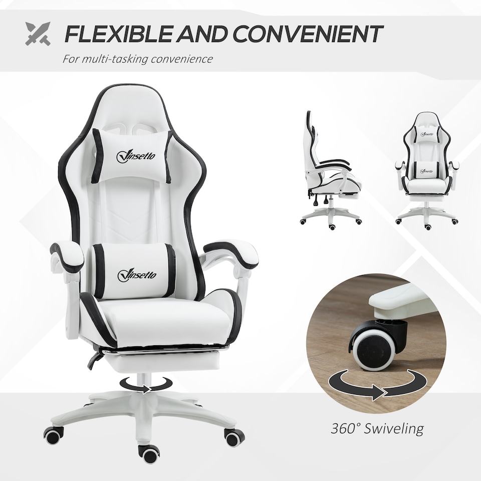 image 1 of Vinsetto Computer Gaming Chair, PU Leather Office Desk Chair with Footrest, Swivel Wheels, 135 Reclining Back, Lumbar Support, Headrest for Home, White and Black