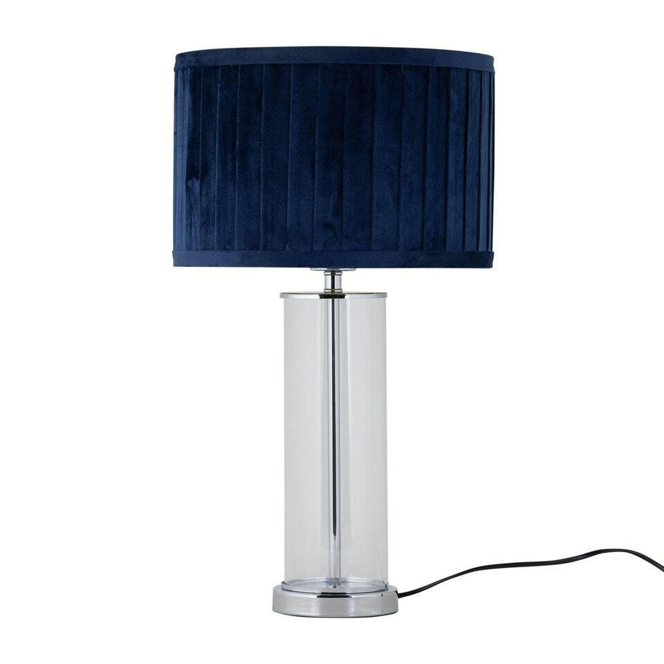 image 1 of Aura - Chrome Table Lamp with Navy Blue Pleated Velvet Shade Chrome | Blue