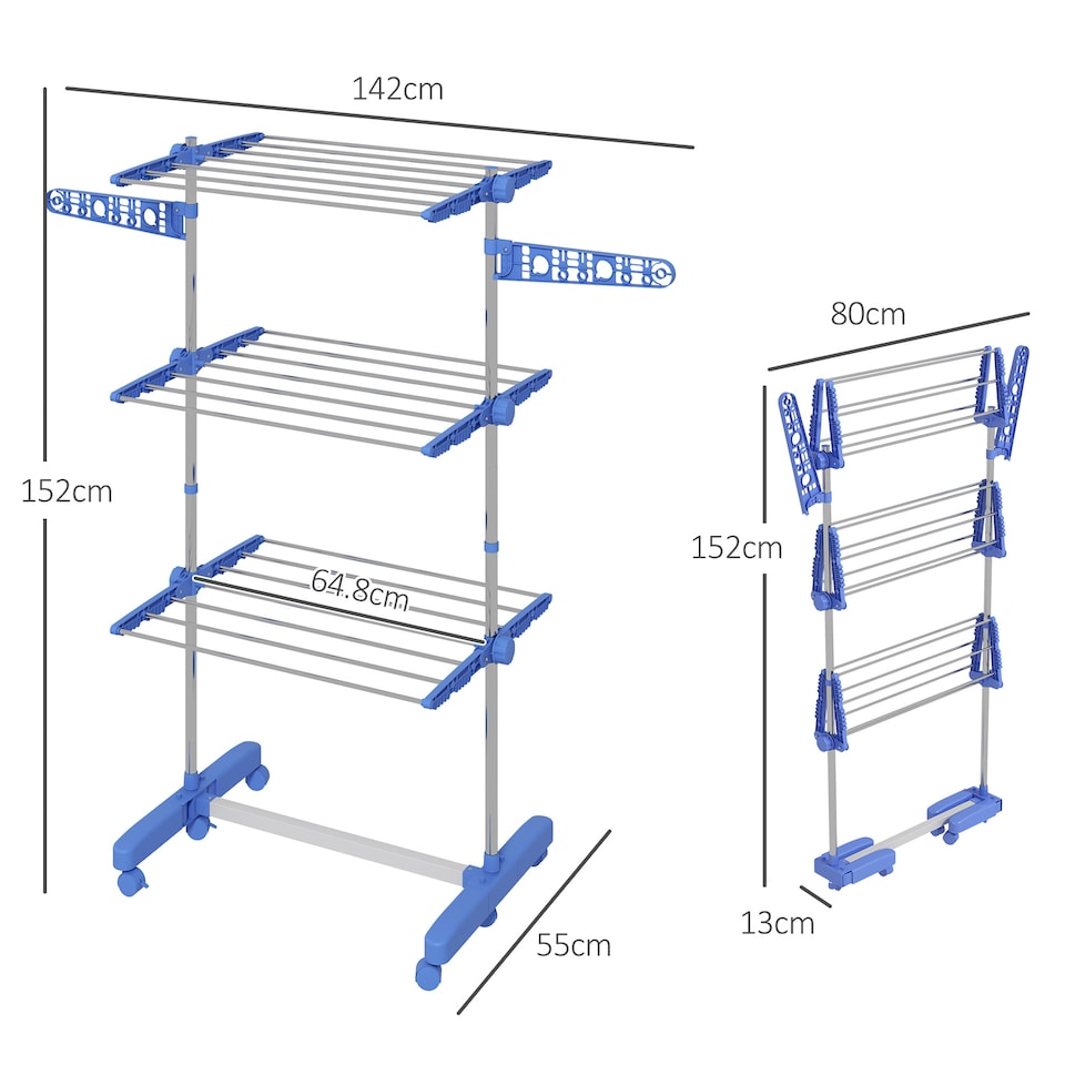 image 1 of HOMCOM 3-Tier Clothes Airer, Stainless Steel Foldable Clothes Drying Rack with Wheels and Wings, Indoor and Outdoor, Easy Assembly, 142 x 55 x 152cm, Blue