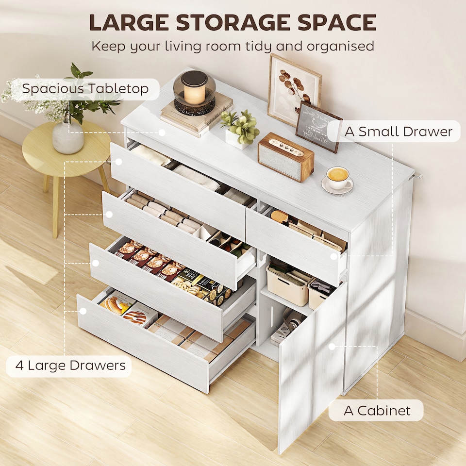 image 1 of HOMCOM Sideboard Storage Cabinet, Kitchen Cupboard with 5 Drawers | White | White embossed