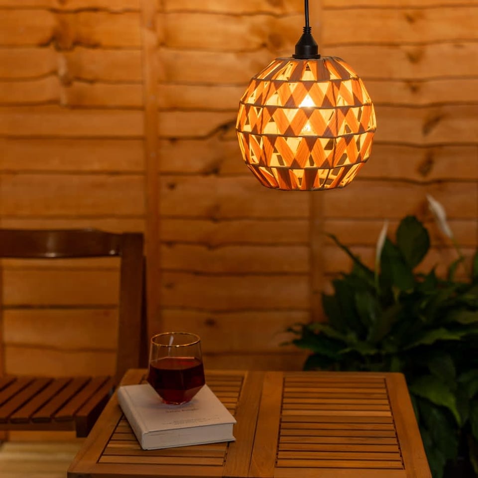 image 1 of ValueLights Battery Operated Outdoor Rattan Hanging Pendant Garden Light | Brown