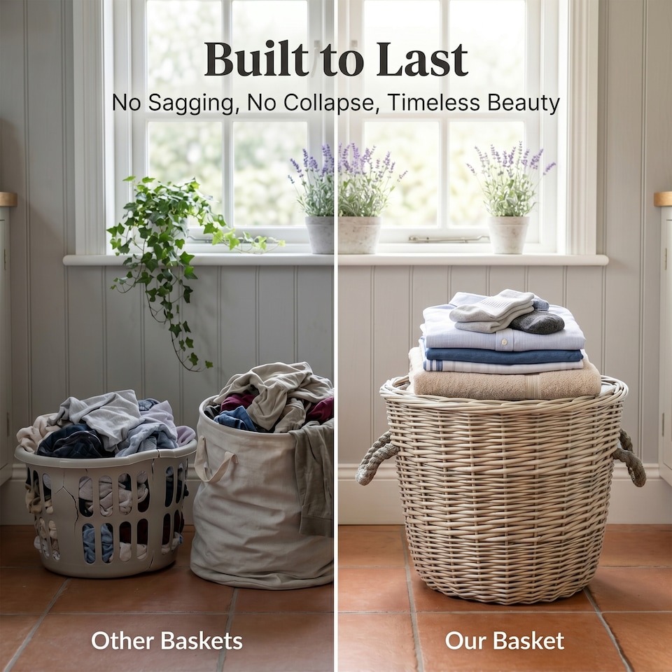 image 1 of Wickerfield Round Wicker Log Basket with Rope Handles and Fabric Lining