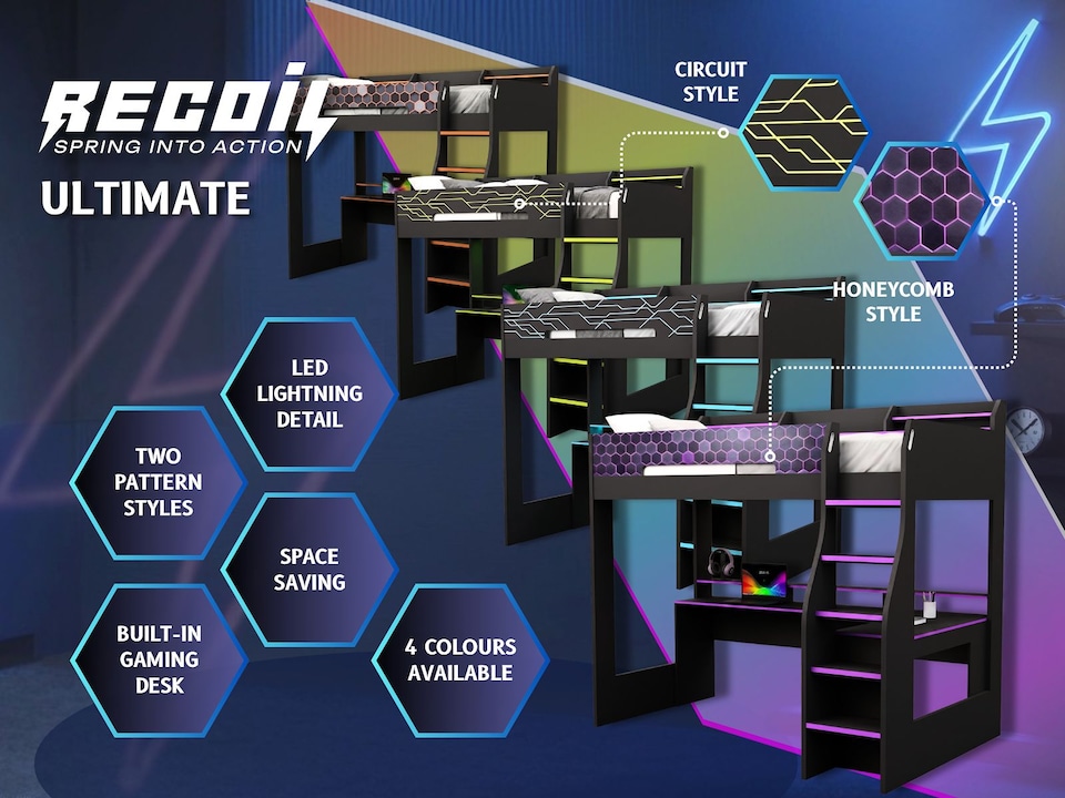 image 1 of Recoil Ultimate Vivid Gaming High Sleeper with Desk Charcoal & Green Small Double
