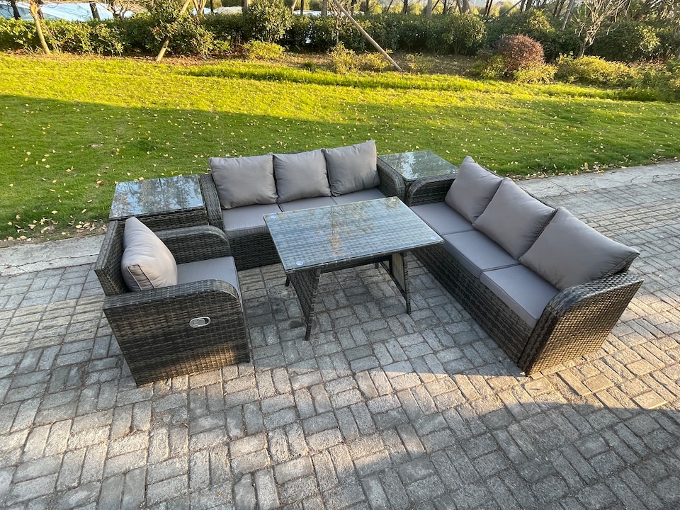 image 1 of Fimous Outdoor Lounge Sofa Set Wicker PE Rattan Garden Furniture Set with Rectangular Dining Table Reclining Chair 2 Side Tables Dark Grey Mixed