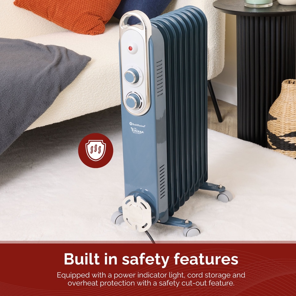 image 1 of Rediffusion Vintage 9 Fin Oil Filled Radiator 2KW Blue