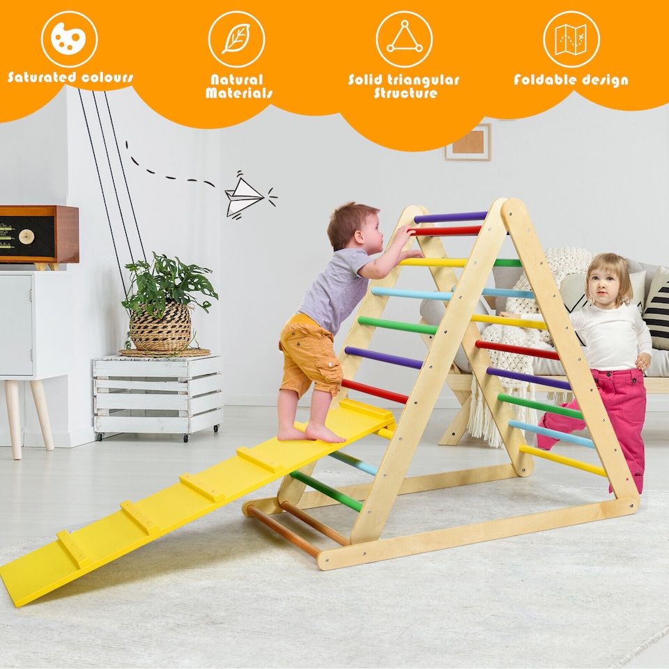 image 1 of COSTWAY Wooden Foldable Triangle Climber Step Training Ladder Pikler Toddler With Ramp