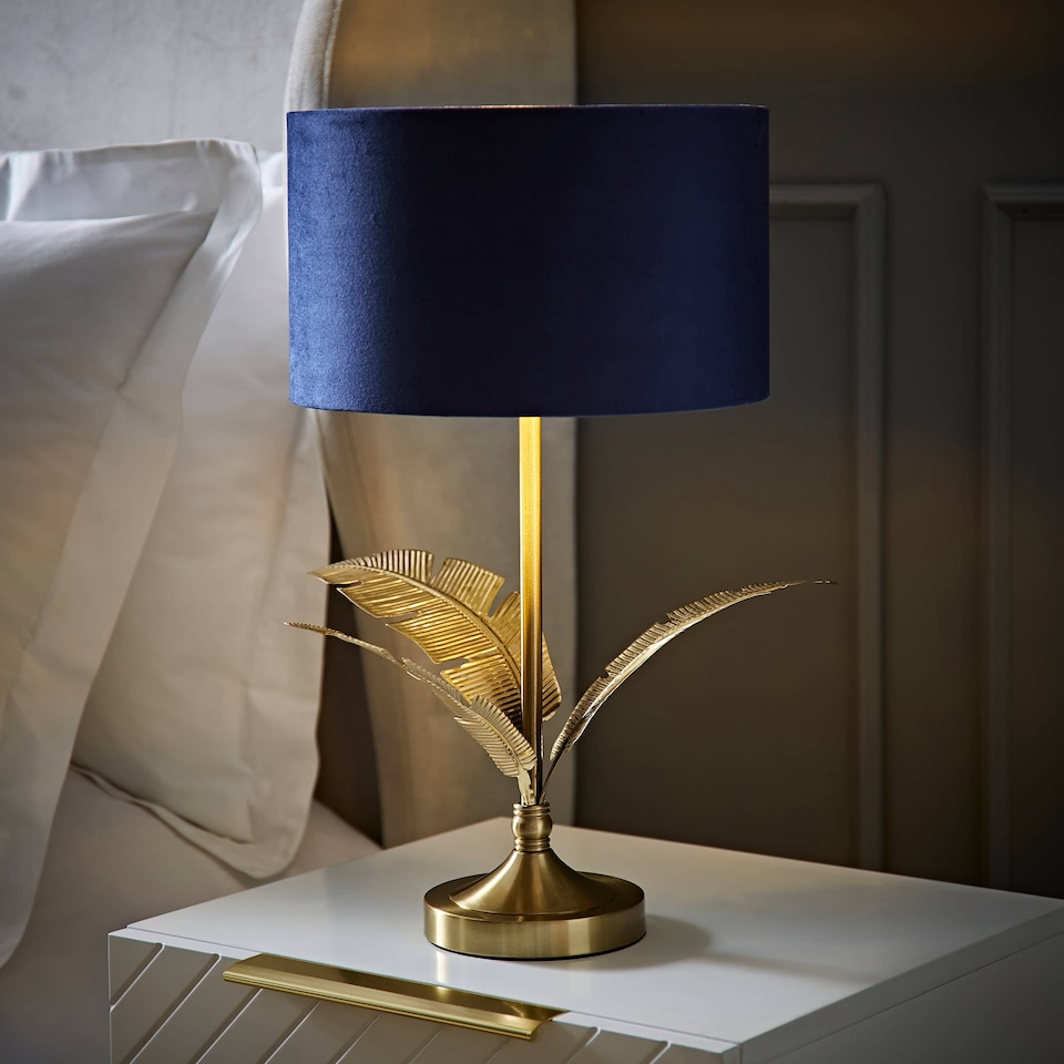 image 1 of ValueLights Christina Gold Palm Leaf Table Lamp Navy Velvet Gold Shade and Bulb