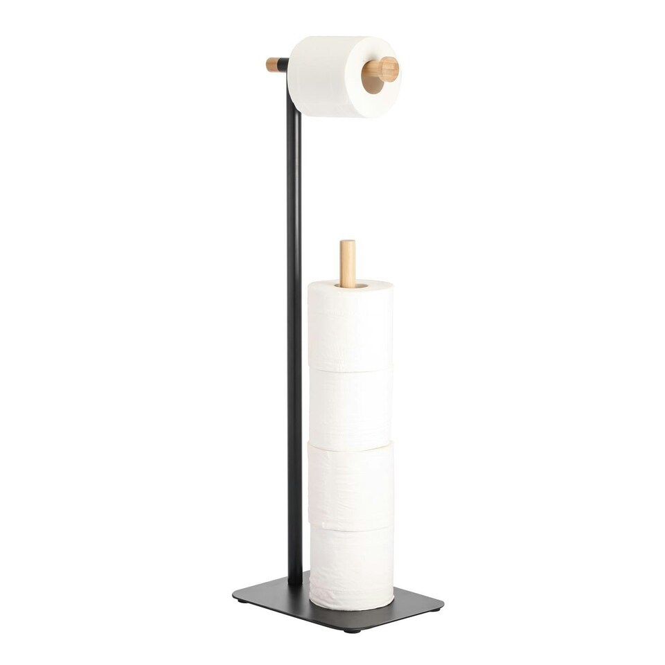 image 1 of Showerdrape Sonata Black & Bamboo Toilet Roll Holder & Spare Paper Holder Combination