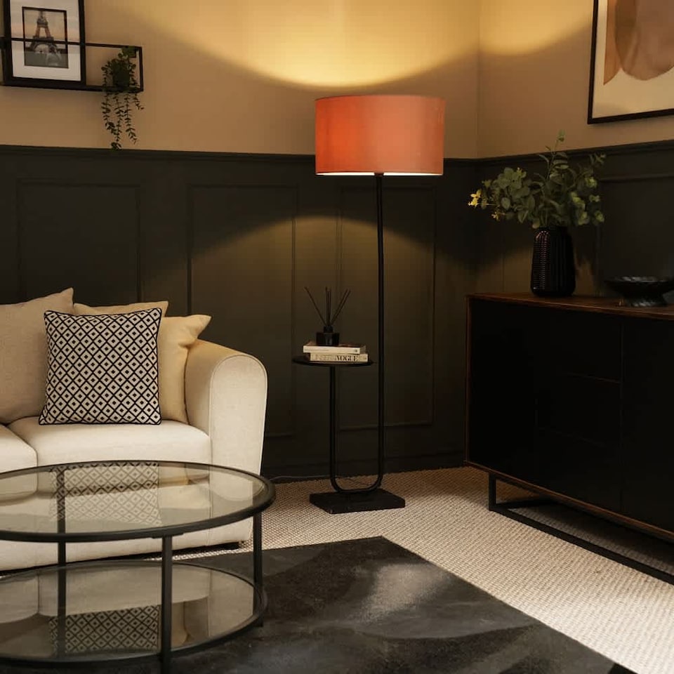 image 1 of ValueLights Tavel Matte Black Floor Lamp Blush Pink Velvet Shade