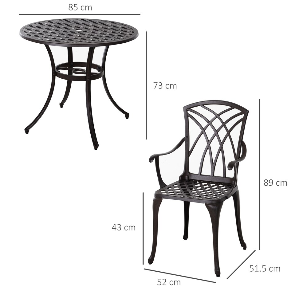 image 1 of Outsunny 5 Pieces Garden Dining Set for 4, Cast Aluminium Outdoor Dining Set with 4 Armchairs and Round Dining Table with Parasol Hole, Garden Furniture Set, Brown