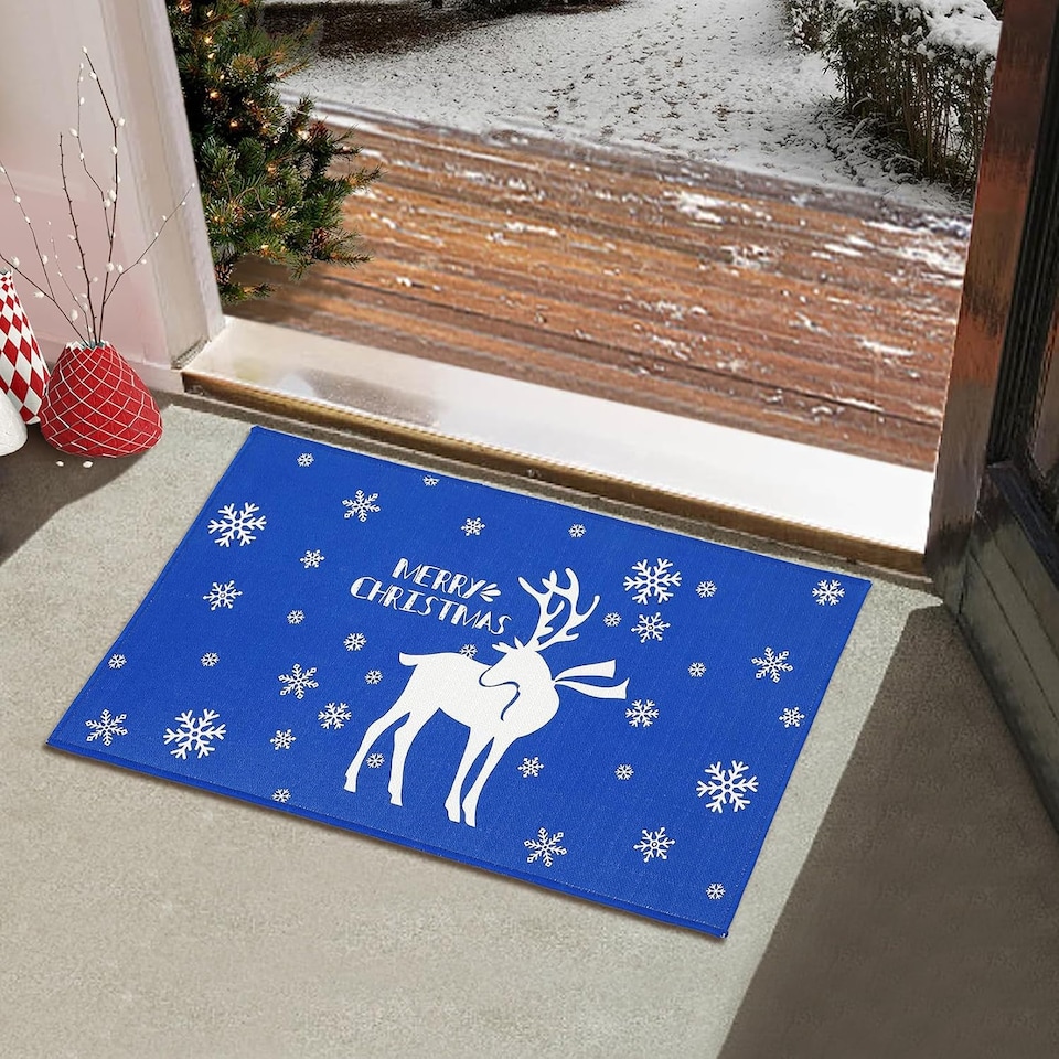 image 1 of London Boutique Christmas Doormat with Snowflake and Reindeer Print, Blue, 50 x 80 cm