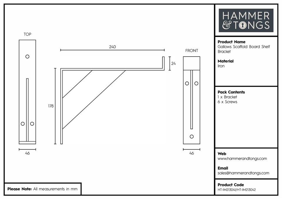 image 1 of Hammer & Tongs Gallows Style Scaffold Board Shelf Bracket - D240mm - Raw