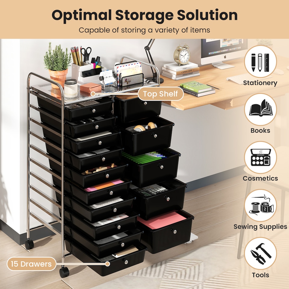 image 1 of COSTWAY 15 Drawer Rolling Storage Cart with Lockable Wheels Black