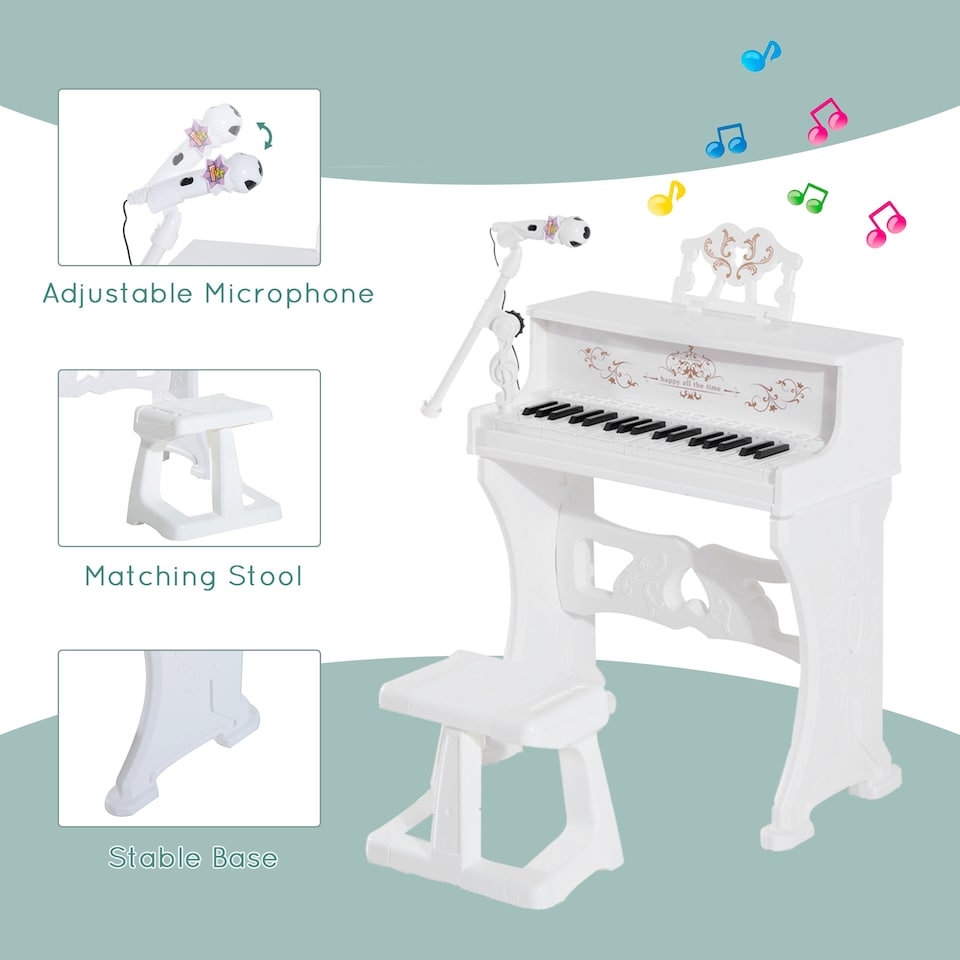 image 1 of HOMCOM 37 Keys Kids Piano Mini Electronic Keyboard Light Kids Musical Instrument Educational Game Children Grand Piano Toy Set w/Stool & Microphone & Music Stand (White) | White