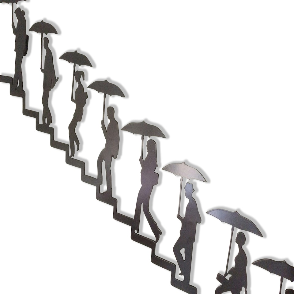 image 1 of Urban Journey Metal Wall Art | Figures Climbing Stairs with Umbrellas | Modern Silhouette Decor for Indoor & Outdoor Use Right to Left Orientation