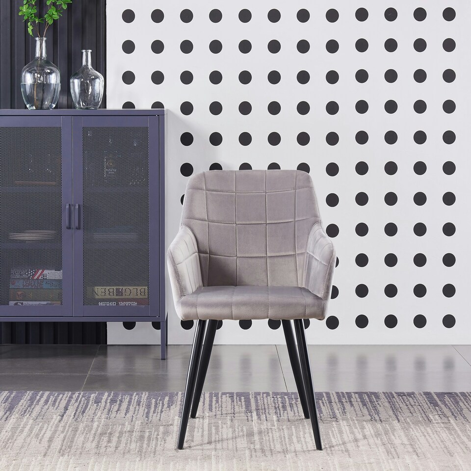 image 1 of Single Camden Modern Velvet Dining Chair with Armrests, Quilted Design & Black Metal Legs Grey | Light Grey