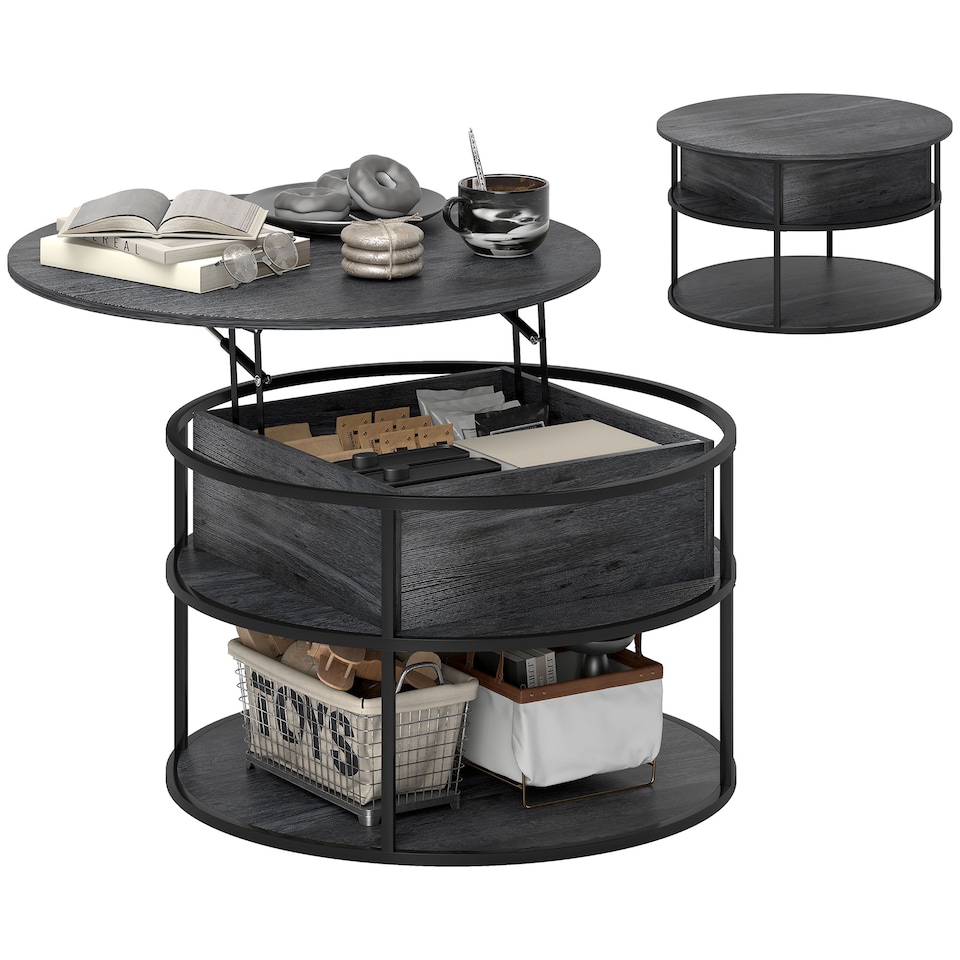 image 1 of HOMCOM Lift Top Coffee Table, Round Coffee Table with Storage Shelf, Hidden Compartment and Steel Frame for Living Room, Home Office, Charcoal Grey | Grey | Charcoal grey | 1