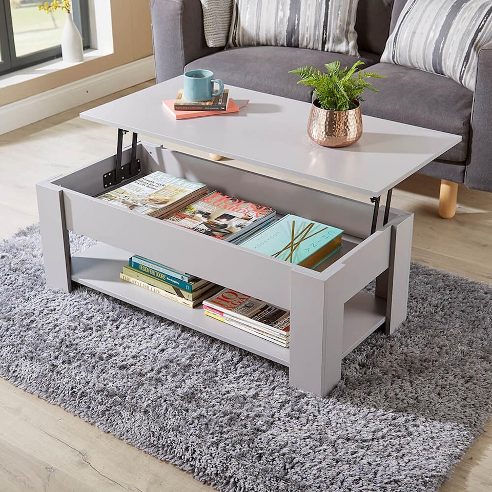 image 1 of Wooden Coffee Table With Lift Up Top Storage Area and Magazine Shelf | Grey