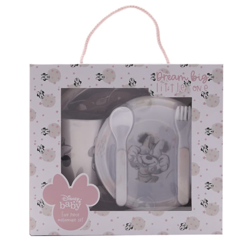 image 1 of Disney Minnie Baby 5 Piece Melamine Feeding Set Cup Bowl Plate Cutlery