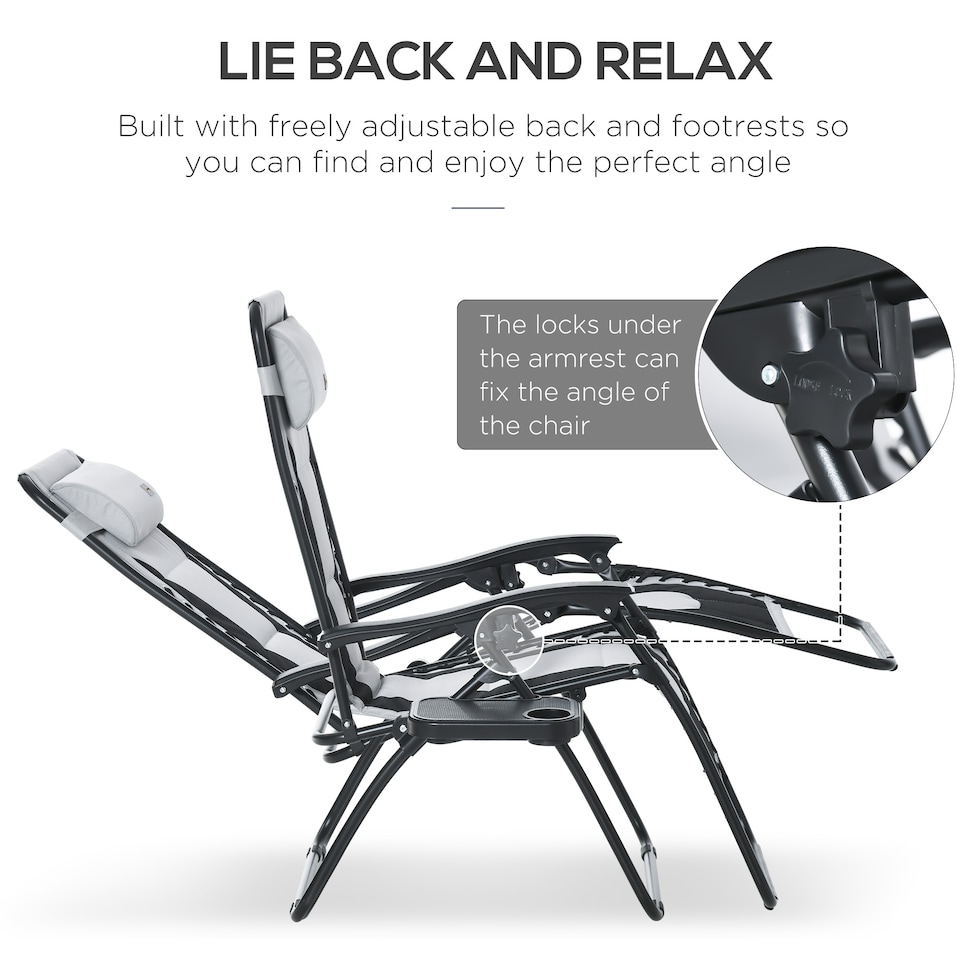 image 1 of Outsunny Zero Gravity Lounger Chair, Folding Reclining Patio Chair with Padded Seat, Cup Holder, Soft Cushion and Headrest for Poolside, Camping, Light Grey