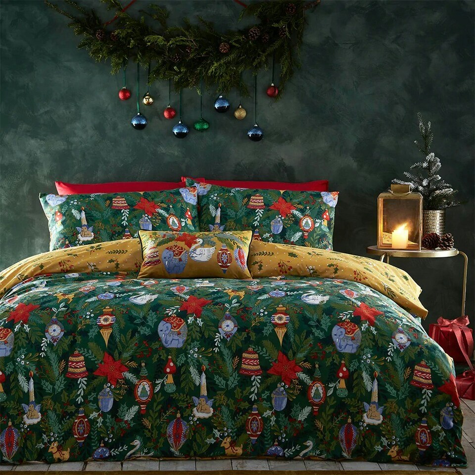 Furn Deck The Halls Christmas Duvet Cover Set Pine Green Double
