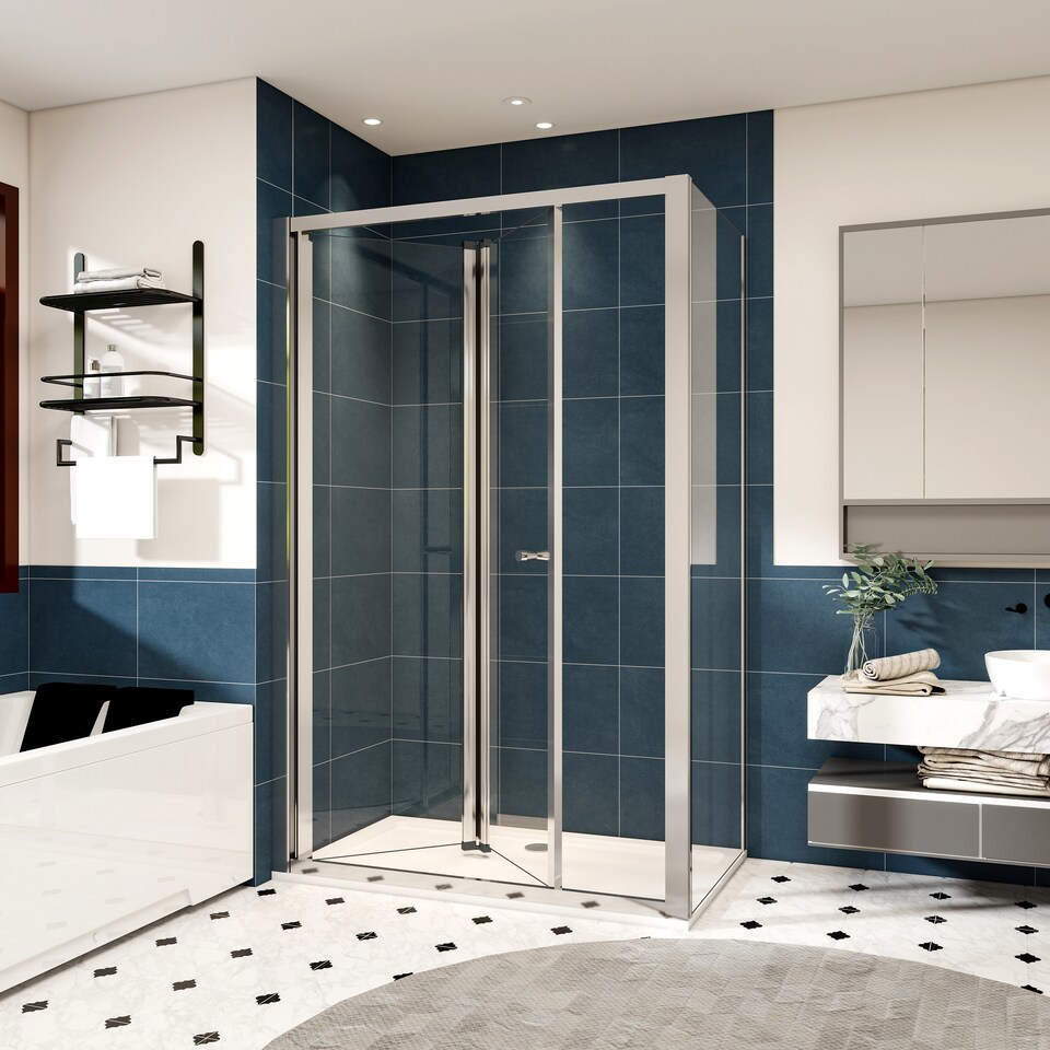 image 1 of 700x1200mm Bifold Shower Door Enclosure with Stone Resin Shower Tray Toughened Safety Glass Screen