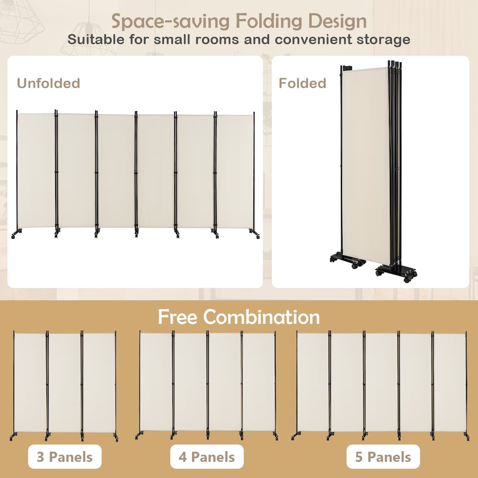 image 1 of COSTWAY 6 Panel Folding Room Divider 172cm Rolling Privacy Screen White